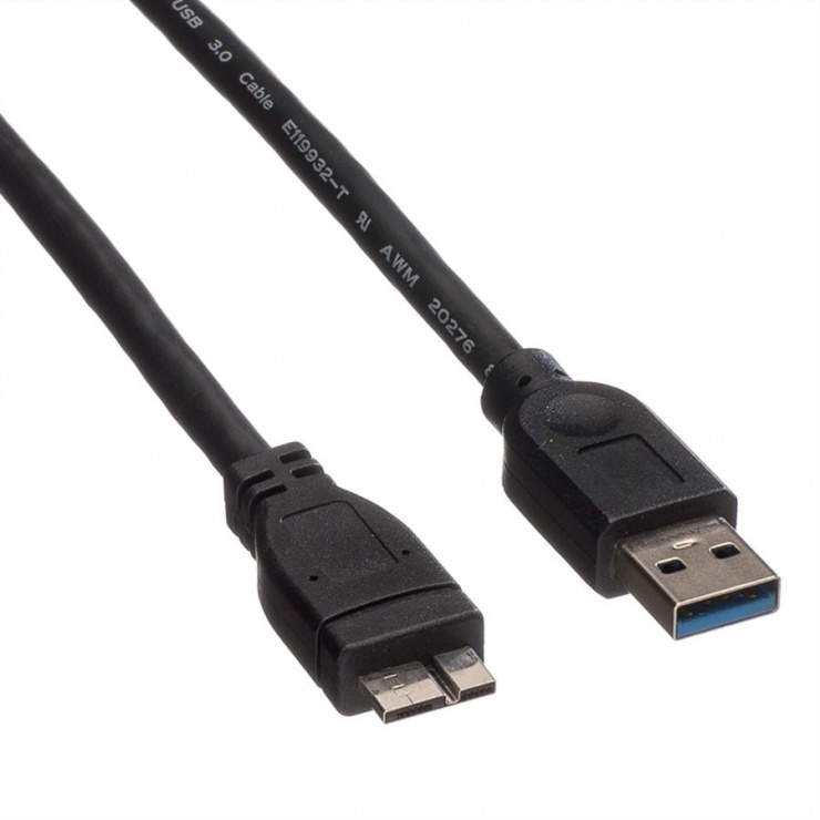 Imagine Cablu USB 3.0 la micro USB 3.0 0 T-T 0.15m Negru, Roline 11.02.8876