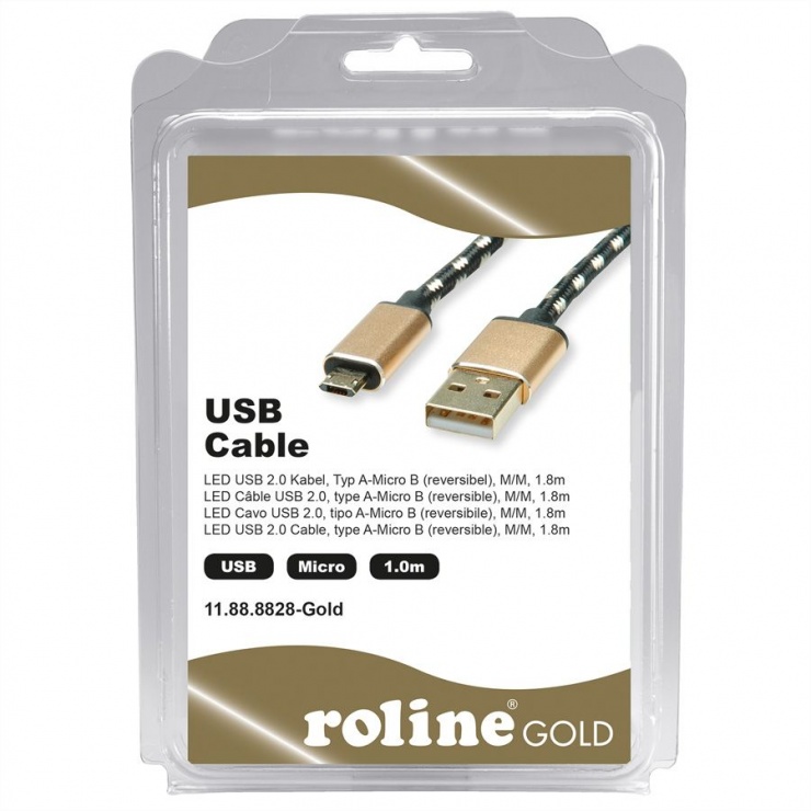 Imagine Cablu USB la micro USB-B 2.0 reversibil GOLD T-T 1.8m, Roline 11.02.8828