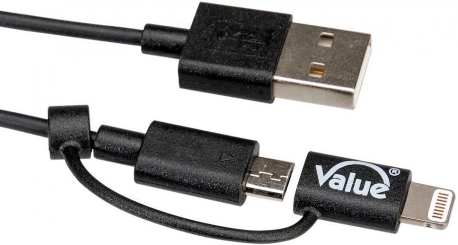 Imagine Cablu USB la micro USB-B + adaptor Lightning iPhone 5/6/7 Negru 1m, Value 11.99.8325-3