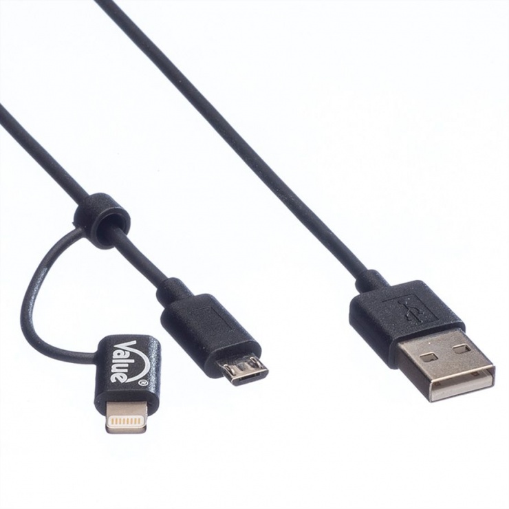 Imagine Cablu USB la micro USB-B + adaptor Lightning iPhone 5/6/7 MFI Negru 1m, Value 11.99.8325