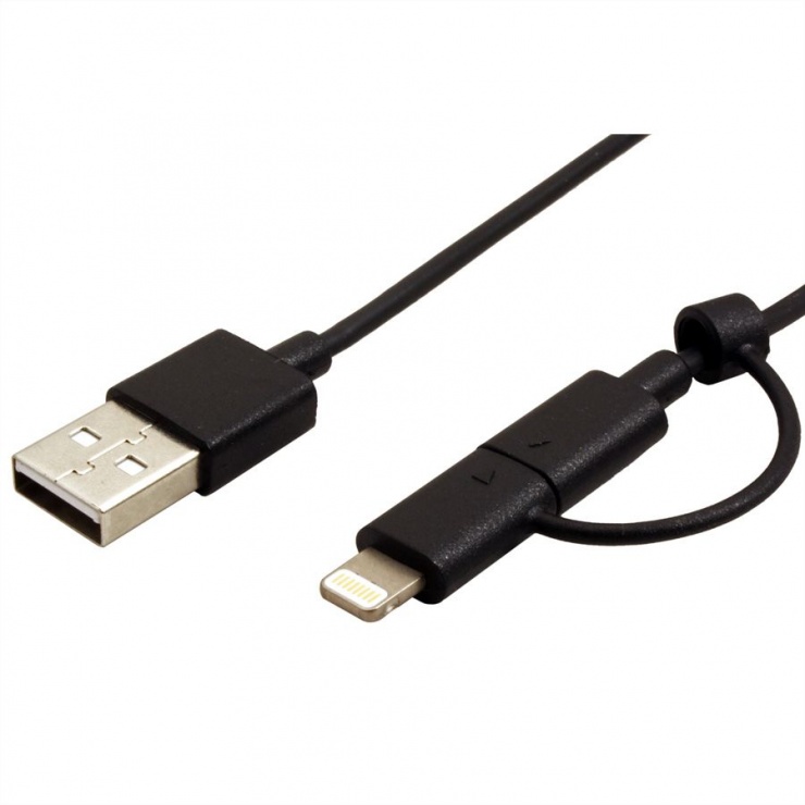Imagine Cablu USB la micro USB-B + adaptor Lightning iPhone 5/6/7 Negru 1m, Value 11.99.8325-5