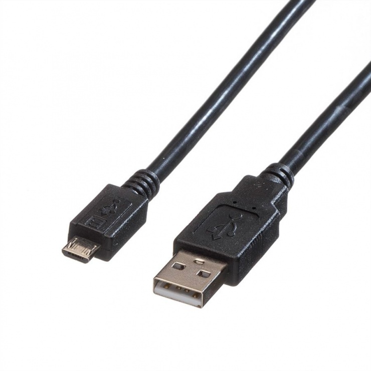 Imagine Cablu USB 2.0 la micro USB 0.8m T-T negru, Roline 11.02.8754
