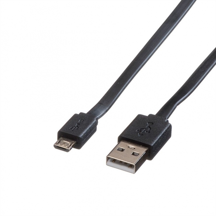 Imagine Cablu micro USB la USB 2.0 T-T Flat 1m Negru, Roline 11.02.8760