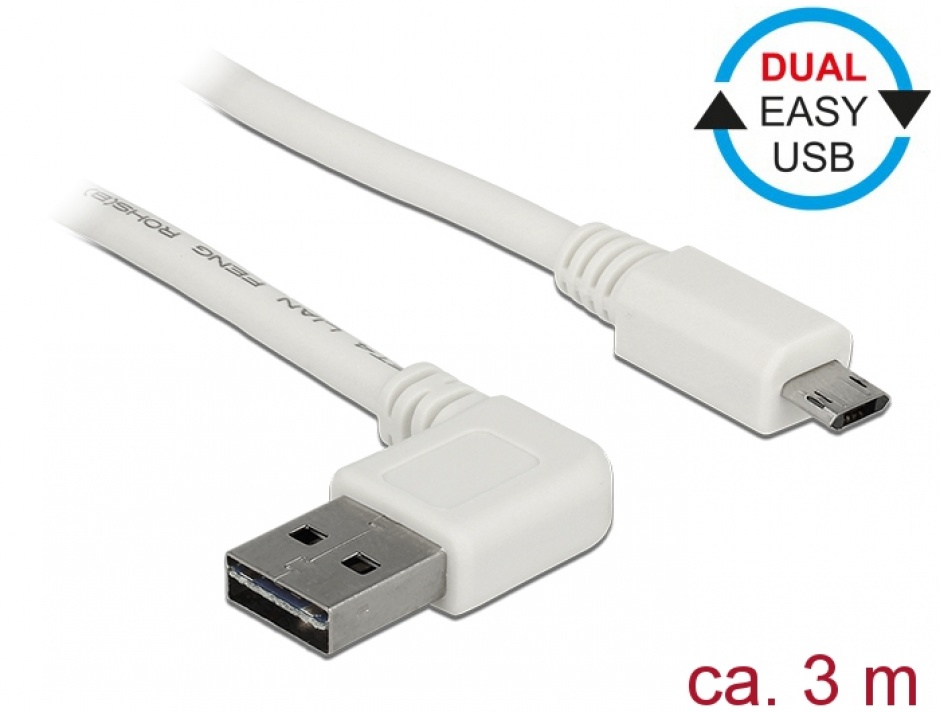Imagine Cablu EASY-USB 2.0 tip A unghi stanga/dreapta la micro USB-B EASY-USB T-T 3m Alb, Delock 85173