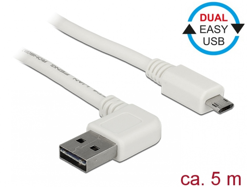 Imagine Cablu EASY-USB 2.0 tip A unghi stanga/dreapta la micro USB-B EASY-USB T-T 5m Alb, Delock 85174
