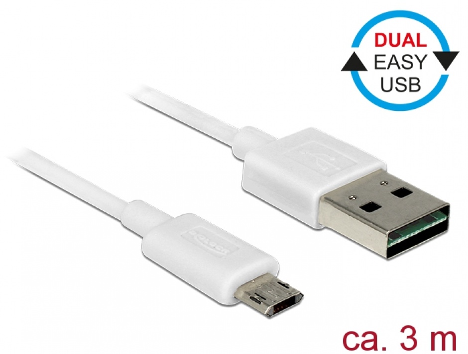 Imagine Cablu micro USB-B EASY-USB la USB-A 2.0 EASY-USB T-T 3m Alb, Delock 85204