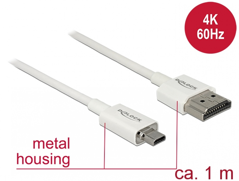 Imagine Cablu HDMI la micro HDMI-D T-T 3D 4K 1m Slim Premium Alb, Delock 85149-1