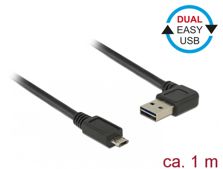 Imagine Cablu EASY-USB 2.0 tip A unghi stanga/dreapta la micro USB-B EASY-USB T-T 1m Negru, Delock 85165