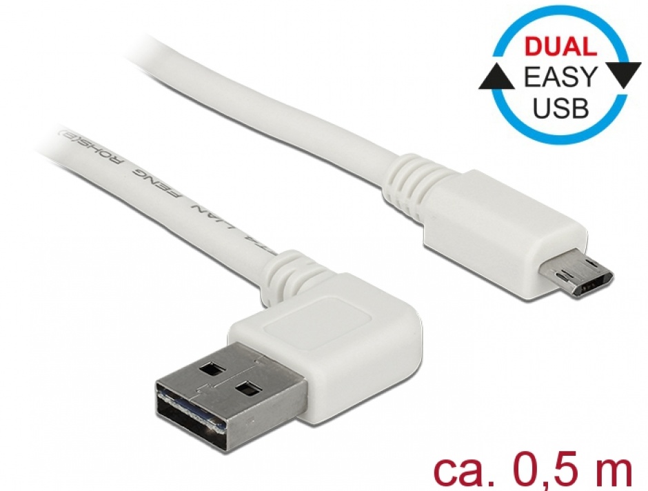 Imagine Cablu EASY-USB 2.0 tip A unghi stanga/dreapta la micro USB-B EASY-USB T-T 0.5m Alb, Delock 85170