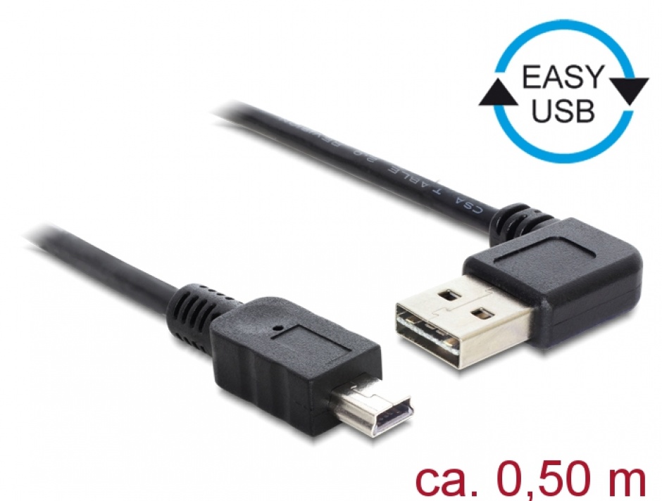 Imagine Cablu EASY-USB 2.0 tip A unghi stanga/dreapta la mini USB T-T 0.5m Negru, Delock 85175