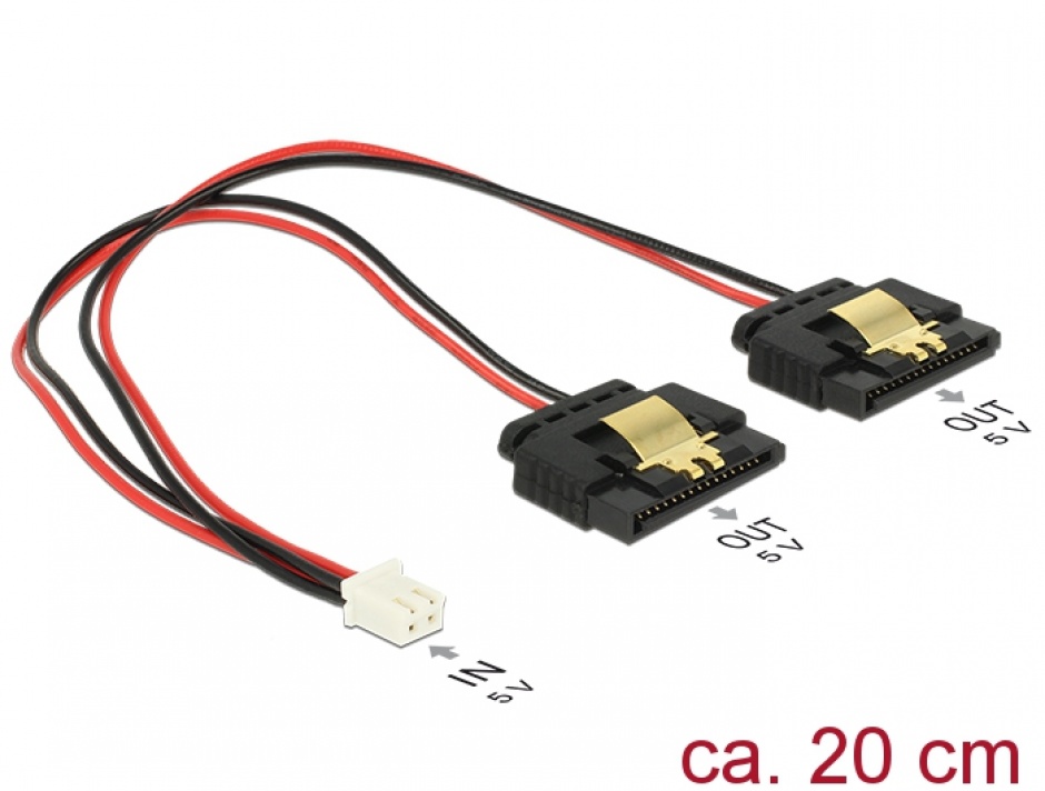 Imagine Cablu de alimentare 2 pini (Banana Pi) la 2 x SATA 15 pini 5V cu clips M-M 20cm, Delock 85249 -1