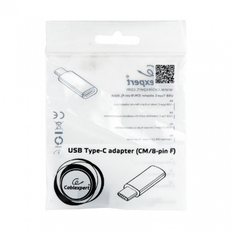 Imagine Adaptor USB-C la iPhone Lightning T-M negru, Gembird A-USB-CM8PF-01-2