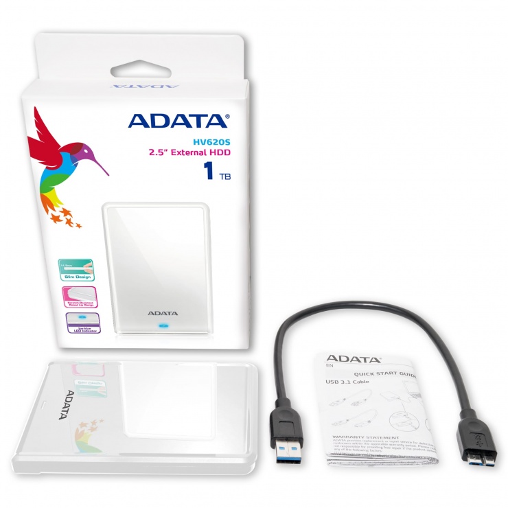 Imagine HDD EXTERN 2.5" USB 3.0 1TB HV620S Alb, ADATA AHV620S-1TU3-CWH