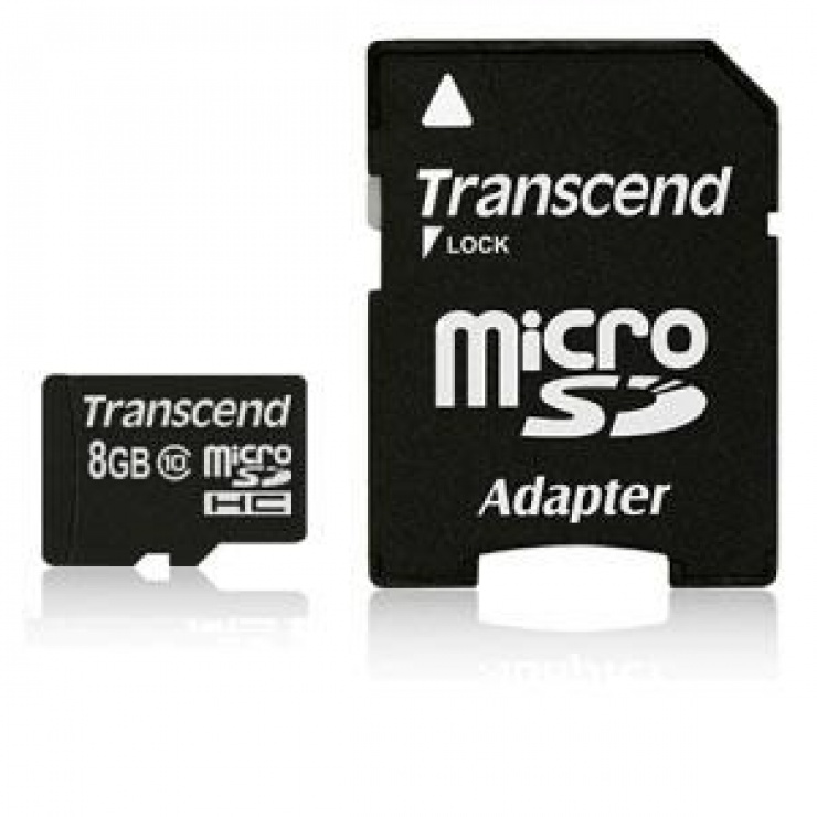 Imagine Card micro SD 8 GB clasa 10+ adaptor SD, Transcend