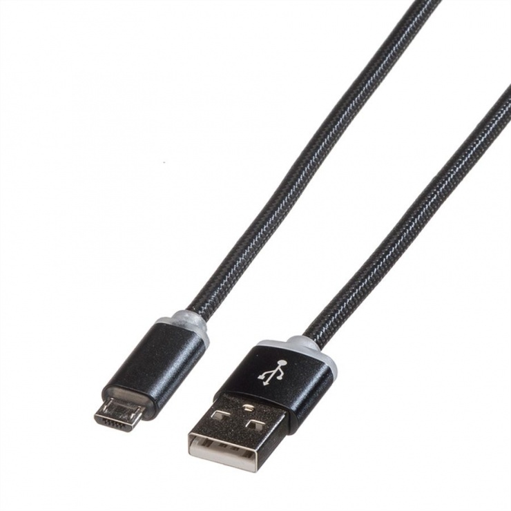 Imagine Cablu USB la micro USB pentru incarcare cu indicator LED 1m Negru, Roline 11.02.8318