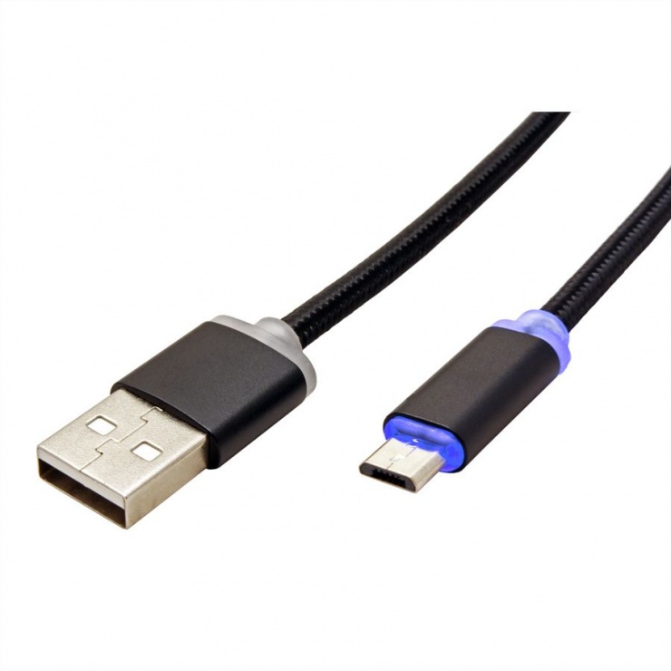 Imagine Cablu USB la micro USB pentru incarcare cu indicator LED 1m Negru, Roline 11.02.8318-4