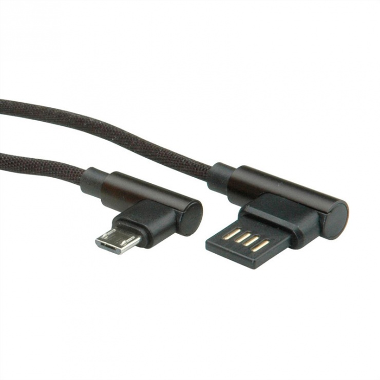 Imagine Cablu reversibil micro USB-B 2.0 la USB-A unghi T-T 1.8m Negru, Roline 11.02.8721-2