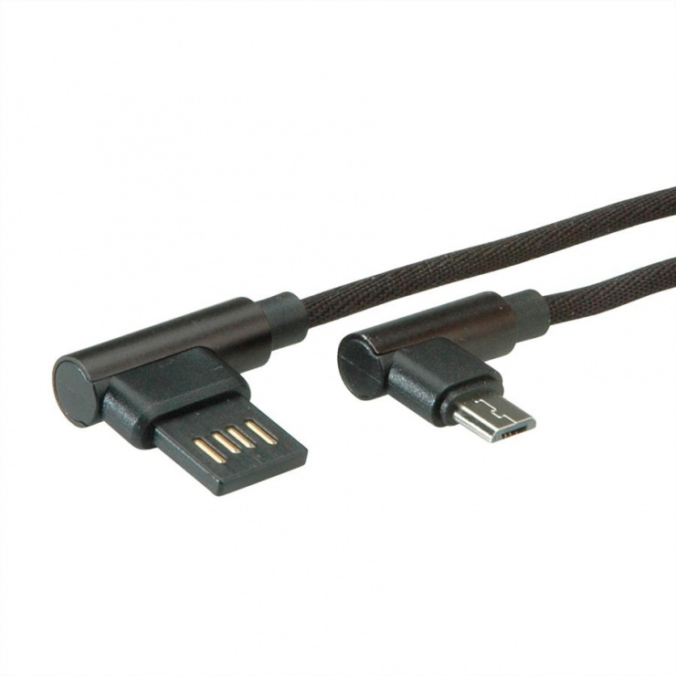 Imagine Cablu reversibil micro USB-B 2.0 la USB-A unghi T-T 1.8m Negru, Roline 11.02.8721