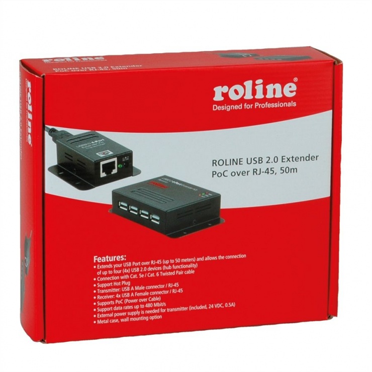 Imagine Extender USB pana la 50m via RJ45 + HUB 4 porturi, Roline 12.04.1101-3