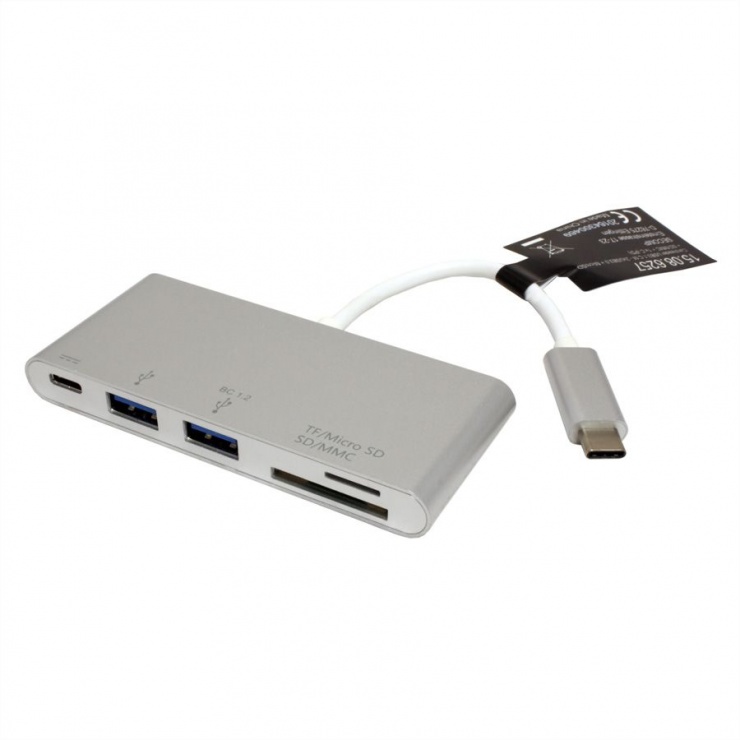 Imagine Hub USB tip C 3.1 + 2 x USB-A si alimentare (PD) + slot micro SD/SD, Roline 15.08.6257