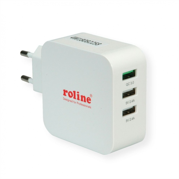 Imagine Incarcator priza 3 porturi USB (1 x Quick Charge/Incarcare rapida 3.0 3A + 2 x 5V/2.4A) 36W, Roline 19.11.1033
