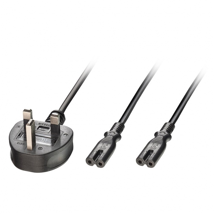 Imagine Cablu de alimentare UK plug la 2 x IEC C7 2.5m negru, Lindy L30372