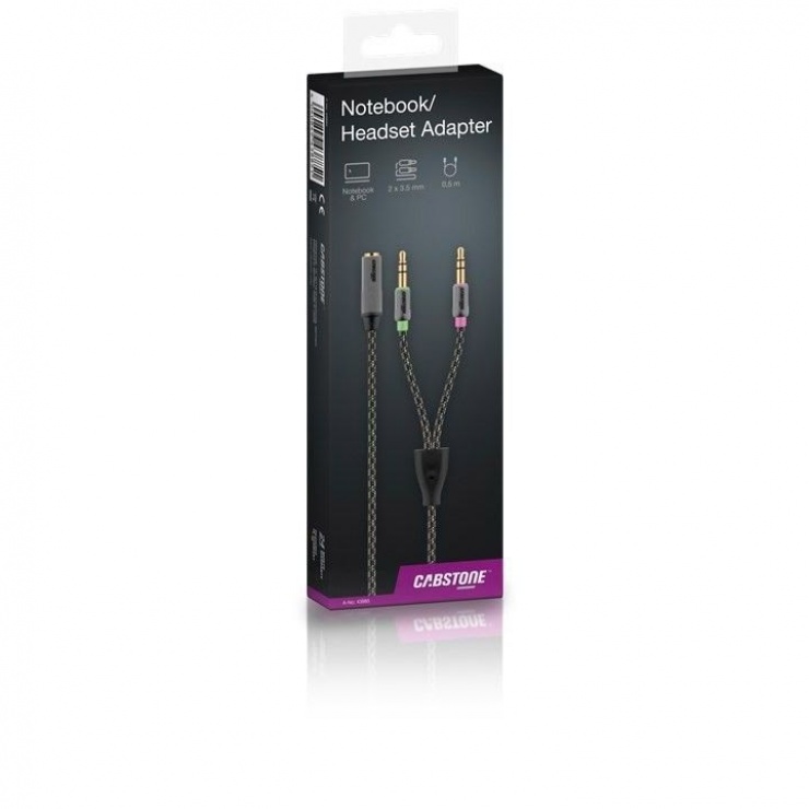 Imagine Adaptor Stereo jack 3.5 mm 4 pini la 2 x jack 3.5 mm 3 pini pentru casca + microfon 0.5m, Cabstone-2