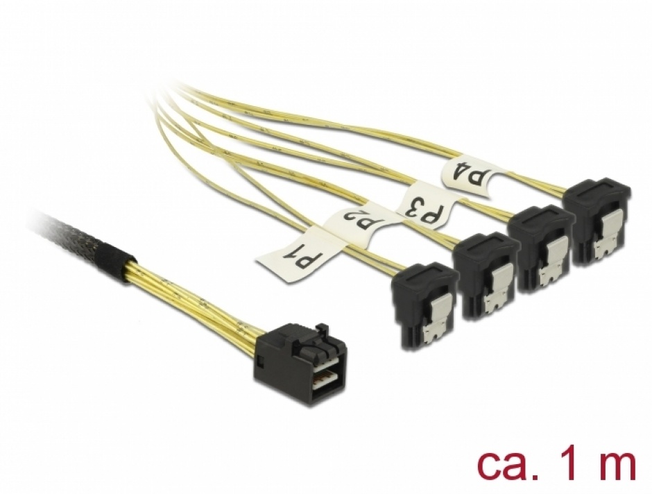 Imagine Cablu Mini SAS HD SFF-8643 la 4 x SATA unghi 1m, Delock 85685