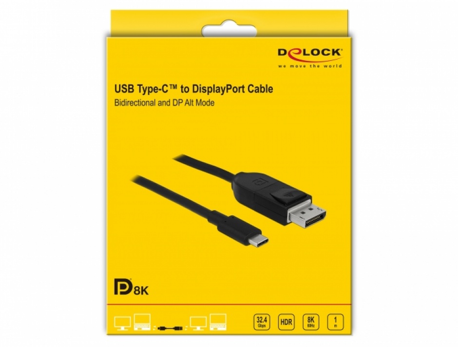 Imagine Cablu bidirectional USB-C la Displayport (DP Alt Mode) 8K 60Hz T-T 1m Negru - Certificat DP 8K-2