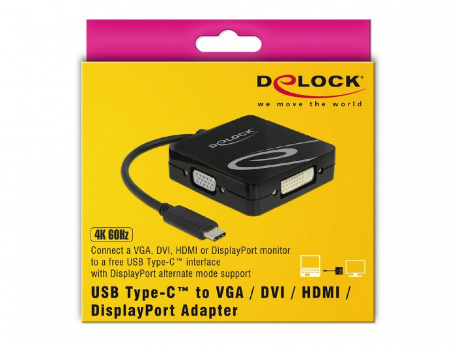Imagine Adaptor USB tip C la VGA, HDMI, DVI sau DisplayPort T-M Negru, Delock 63959-2