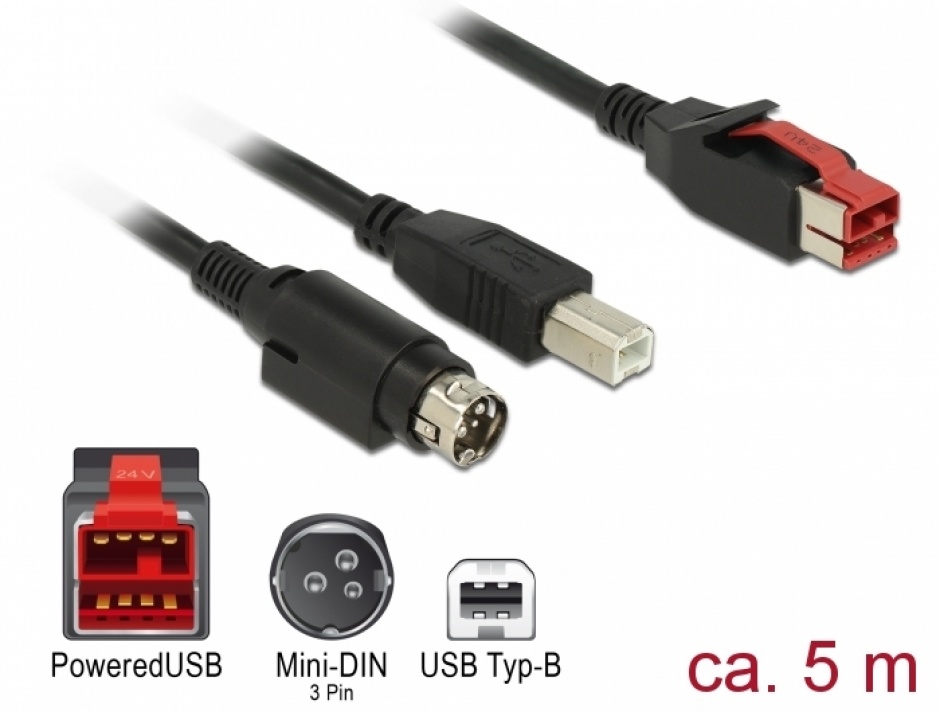 Imagine Cablu PoweredUSB 24V la USB-B + Hosiden Mini-DIN 3 pini 5m pentru POS/terminale, Delock 85491