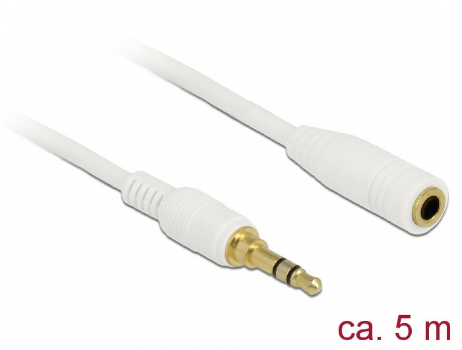Imagine Cablu prelungitor audio jack 3.5mm (pentru smartphone cu husa) 3 pini T-M 5m Alb, Delock 85591