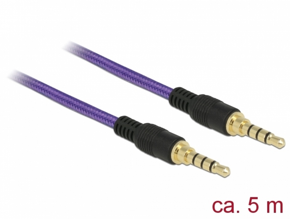 Imagine Cablu audio jack stereo 3.5mm (pentru smartphone cu husa) T-T 4 pini 5m mov, Delock 85605