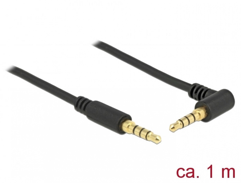 Imagine Cablu Stereo Jack 3.5 mm (pentru smartphone cu husa) 4 pini unghi 1m T-T Negru, Delock 85610