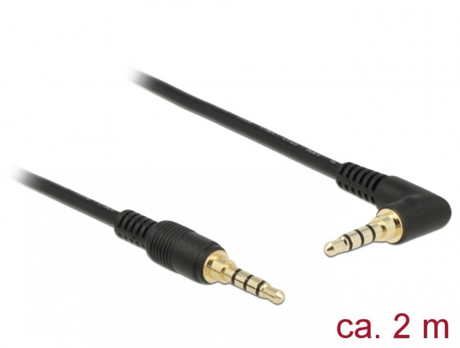 Imagine Cablu Stereo Jack 3.5 mm (pentru smartphone cu husa) 4 pini unghi 2m T-T Negru, Delock 85613