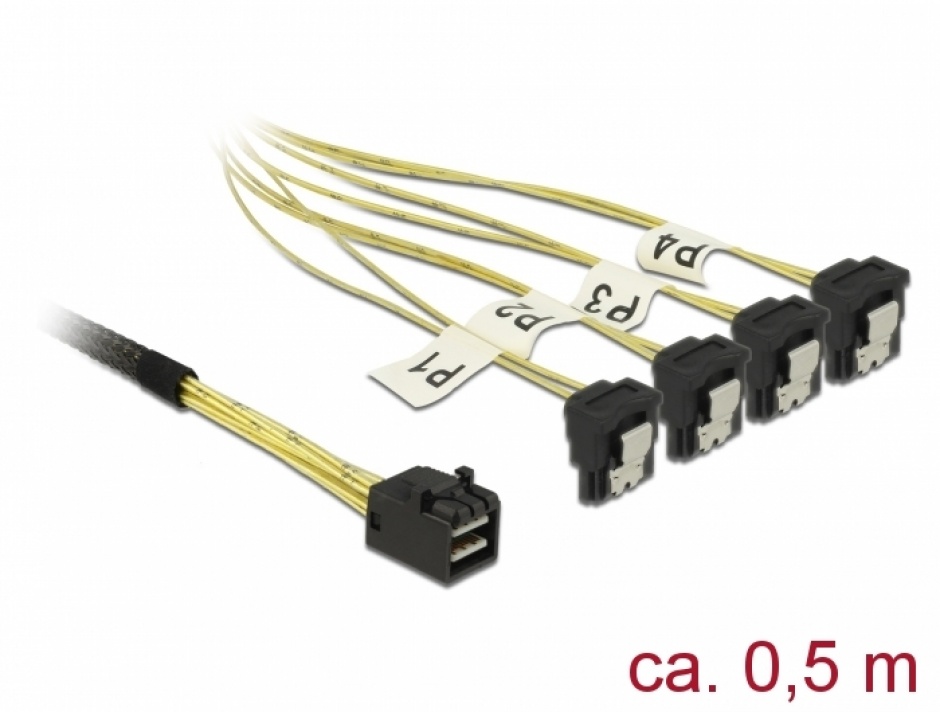 Imagine Cablu Mini SAS HD SFF-8643 la 4 x SATA unghi 0.5m, Delock 85684