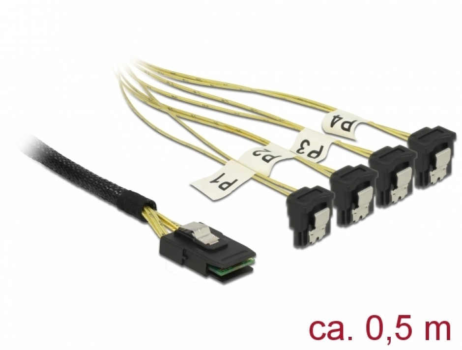 Imagine Cablu Mini SAS SFF-8087 la 4 x SATA unghi 0.5m, Delock 85686
