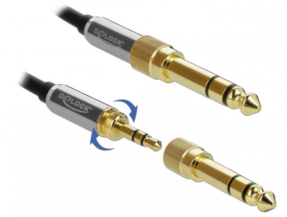 Imagine Cablu prelungitor jack stereo 3.5mm 3 pini T-M + adaptor cu surub 6.35 mm 0.5m, Delock 85779-3
