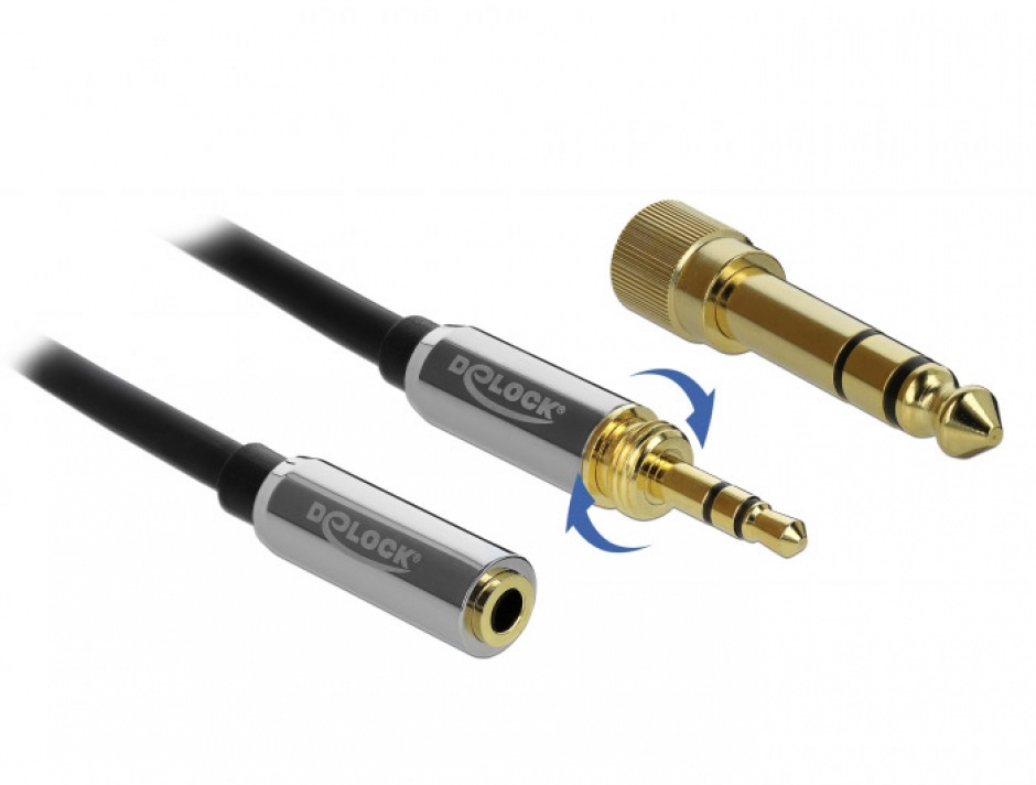 Imagine Cablu prelungitor jack stereo 3.5mm 3 pini T-M + adaptor cu surub 6.35 mm 1m, Delock 85780