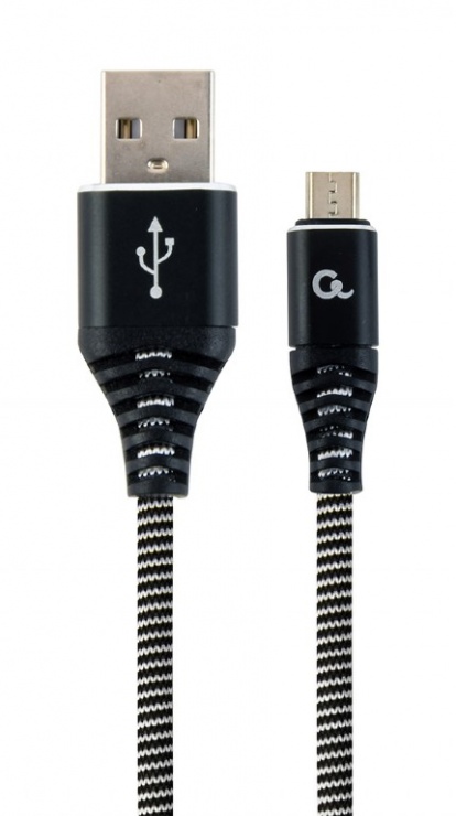 Imagine Cablu USB 2.0 la micro USB-B Premium T-T 1m Negru/Alb brodat, Gembird CC-USB2B-AMmBM-1M-BW