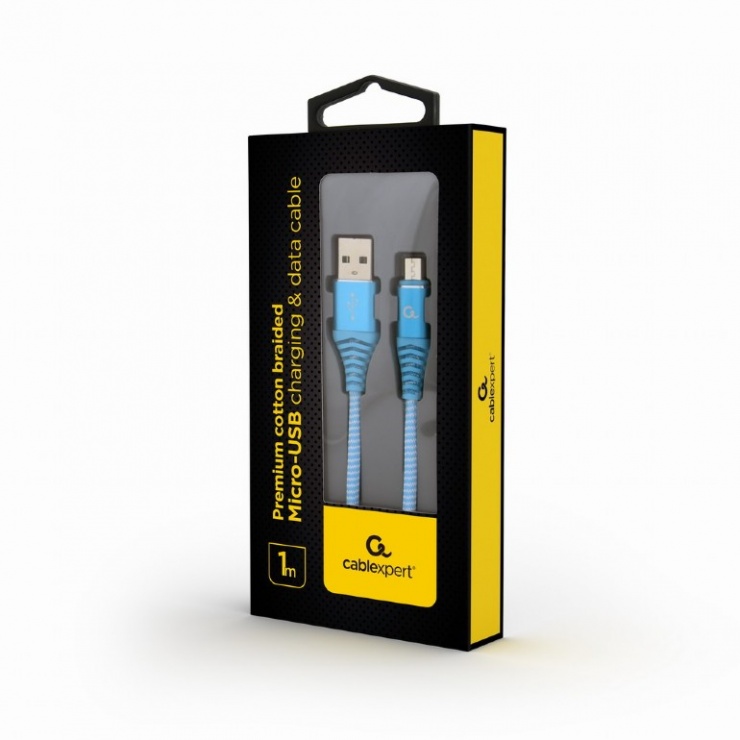 Imagine Cablu USB 2.0 la micro USB-B Premium T-T 1m Bleu/Alb brodat, Gembird CC-USB2B-AMmBM-1M-VW-1