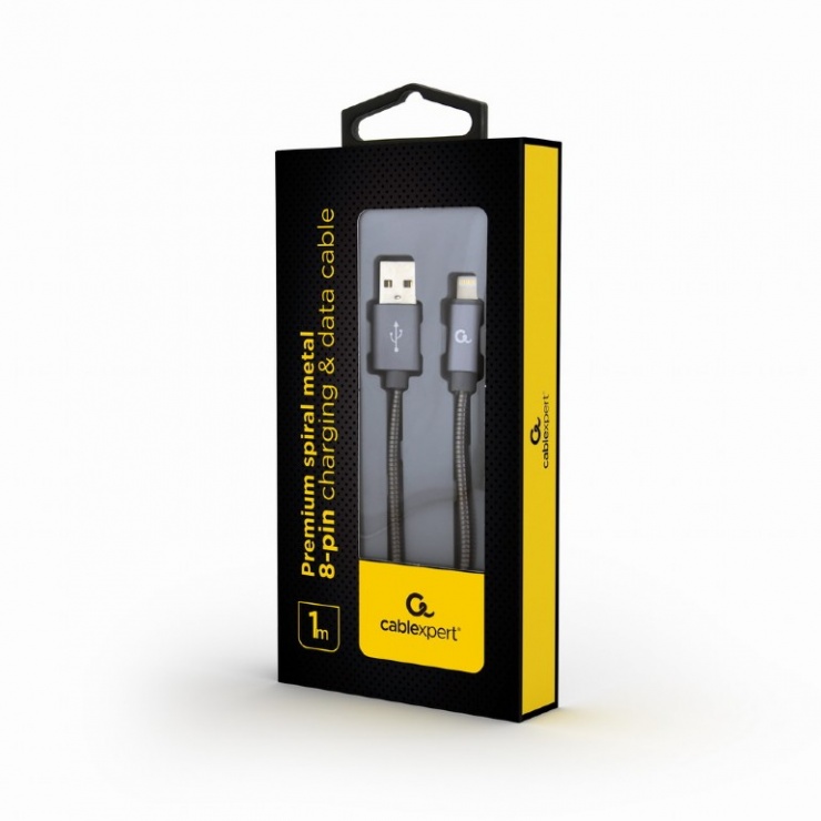 Imagine Cablu de date + incarcare USB la iPhone Lightning metalic spiral Premium 1m Metalic/Gri, Gembird-1