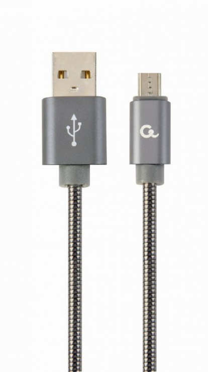 Imagine Cablu micro USB la USB 2.0 metalic spiral Premium 1m Metalic/Gri, Gembird CC-USB2S-AMmBM-1M-BG