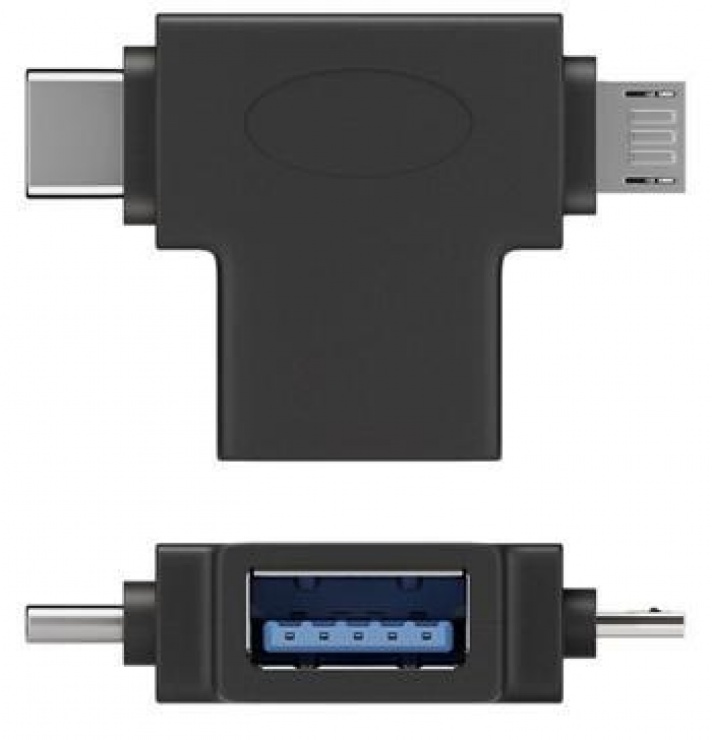 Imagine Adaptor OTG USB-A la USB-C + micro USB-B M-T Negru, 55554