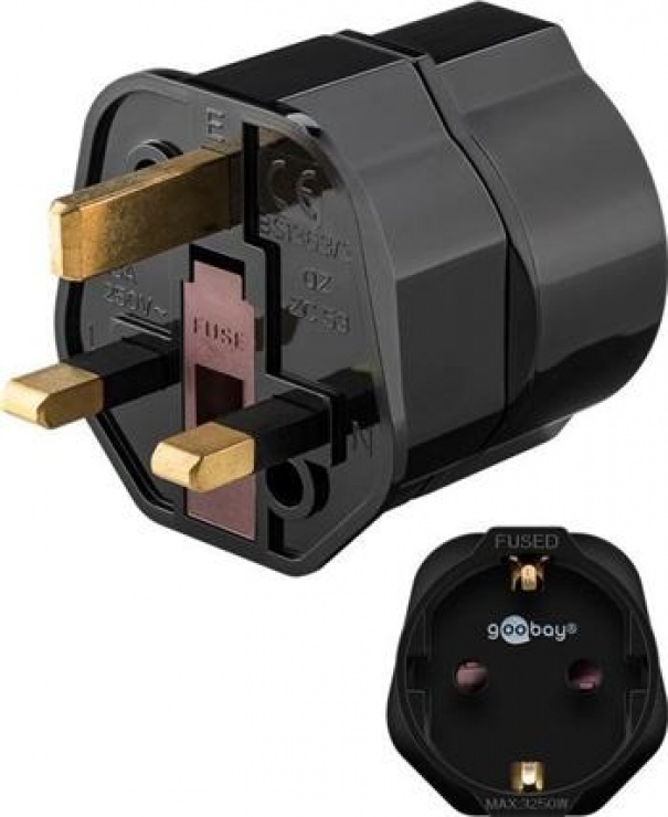 Imagine Adaptor Schuko (Europa) la UK cu impamantare Negru , Goobay 45352