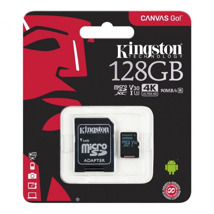 Imagine Card de memorie micro SDXC + adaptor SD 128GB clasa 10 UHS-I, Kingston SDCG2/128GB-2