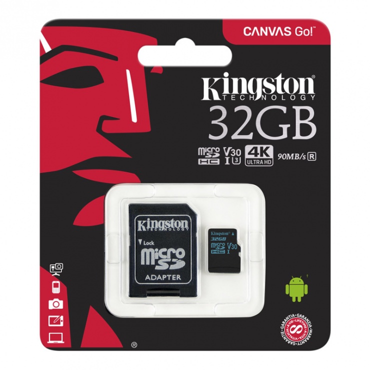 Imagine Card de memorie micro SDHC + adaptor SD 32GB clasa 10 UHS-I, Kingston SDCG2/32GB-2