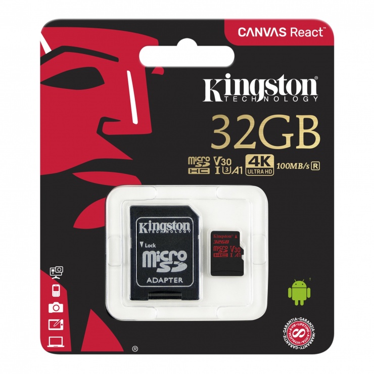 Imagine Card de memorie micro SDHC 32GB + adaptor SD Canvas React, Kingston SDCR/32GB-2