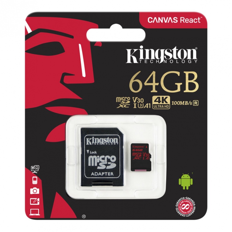 Imagine Card de memorie micro SDXC 64GB + adaptor SD Canvas React, Kingston SDCR/64GB-2