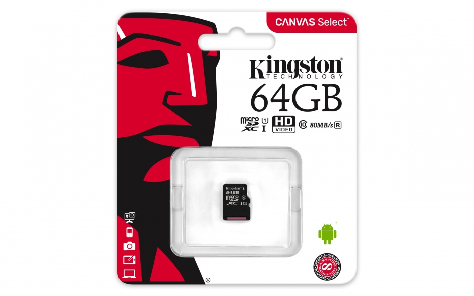 Imagine Card de memorie micro SDXC Canvas Select 64GB clasa 10, Kingston SDCS/64GBSP-1